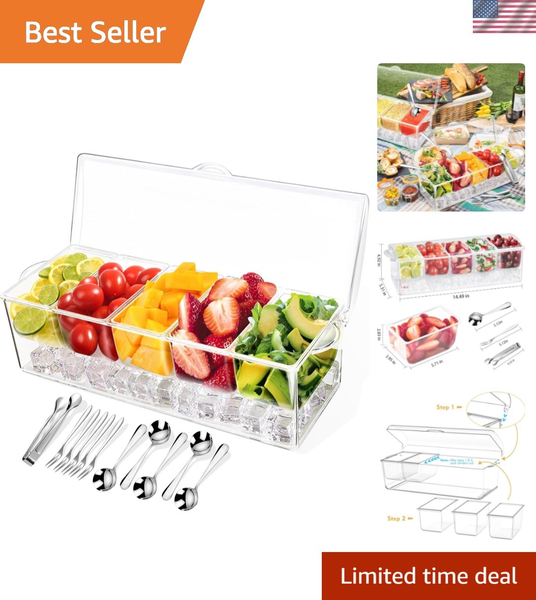 Condiment Tray with Stainless Steel 5 Spoons, 5 Forks and 1 Clip, Chilled Con…