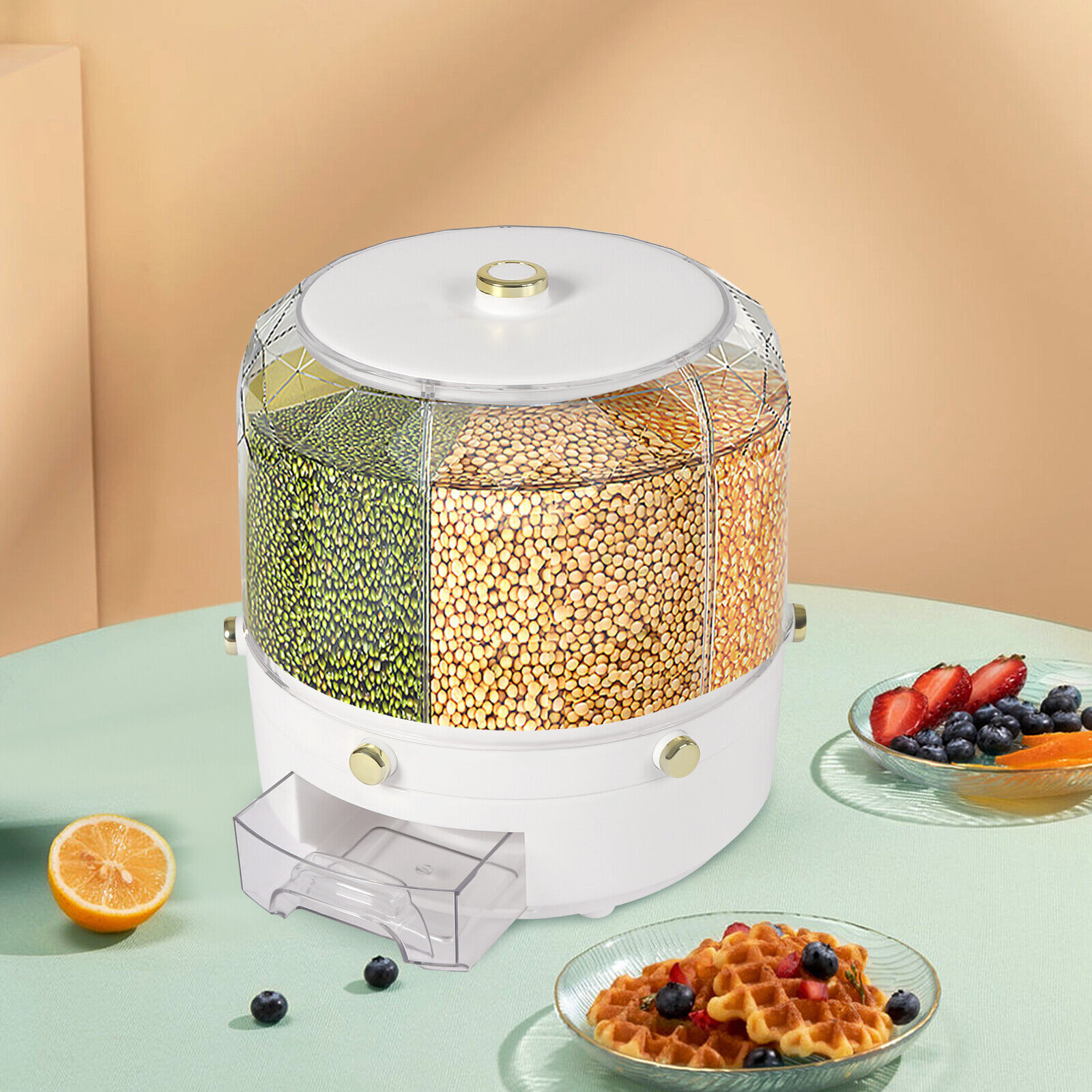 6-Grid Rotating Rice Dispenser Dry Grain Food Storage Container Tank for Kitchen