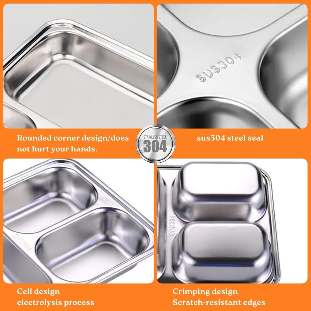 4 Pack Kids Snack Containers, Stainless Steel 3 Compartment Plates with Lids, Be