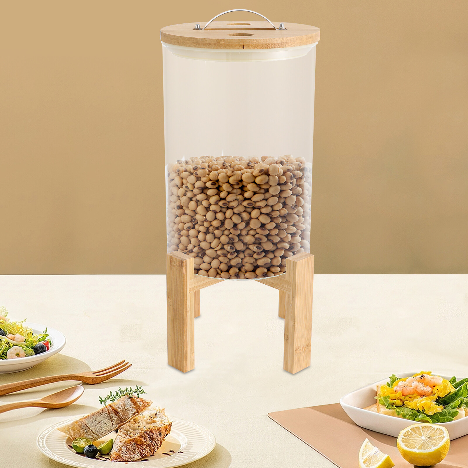 8L Glass+Wood Rice Storage Free Standing Container With Lid& Stand 20*30cm NEW