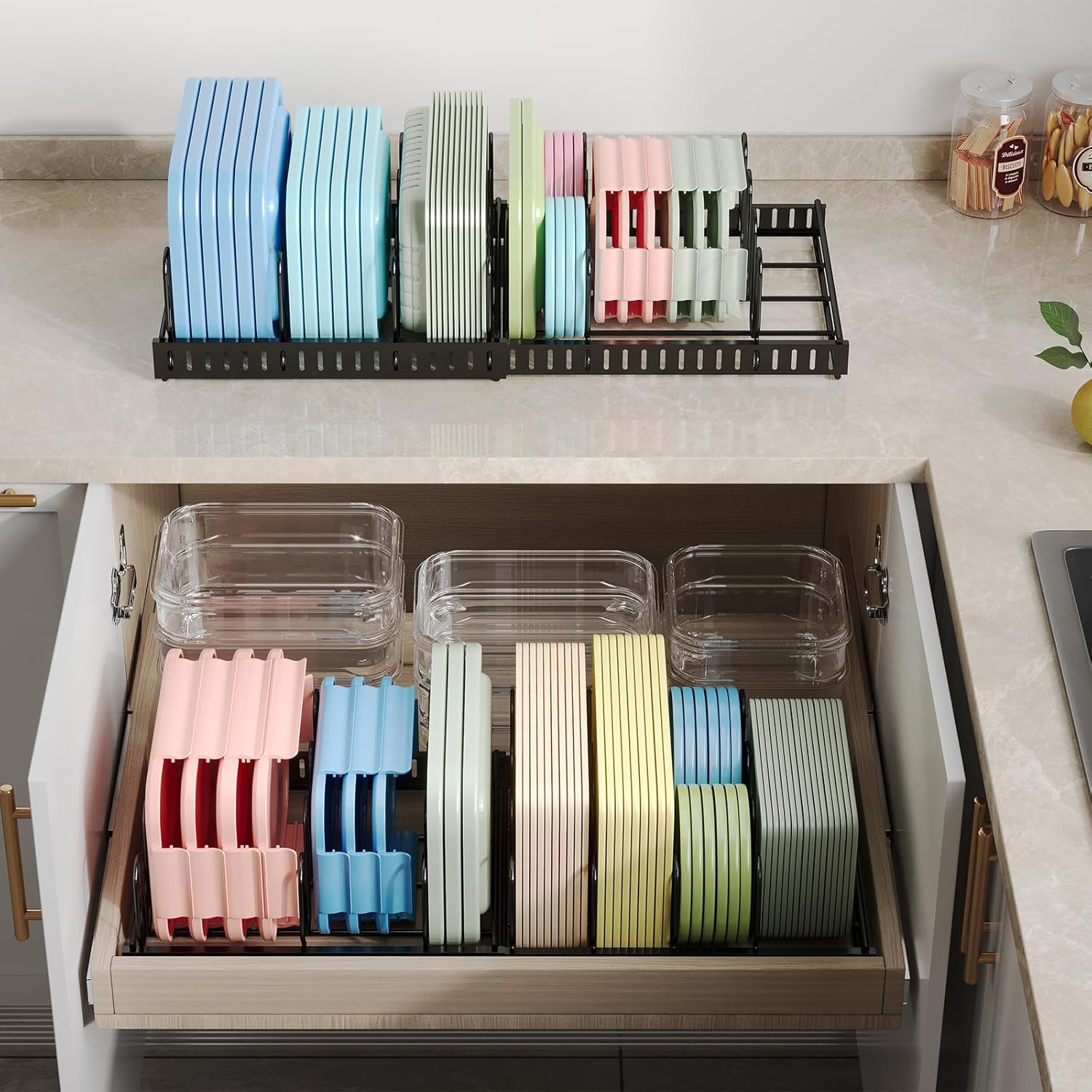 Expandable Food Container Lid Organizer,Large Capacity Adjustable 8 Dividers Det