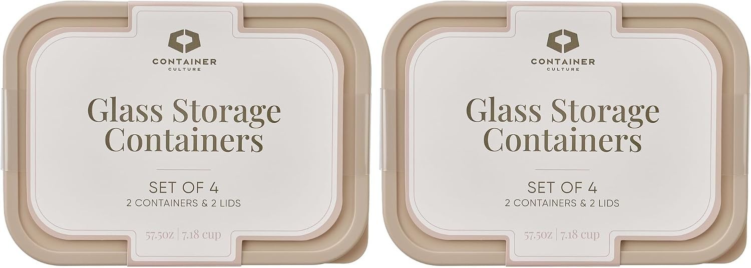 4 Glass Food Storage Containers 57.5oz Leakproof BPA Free Lids Cashew Cream