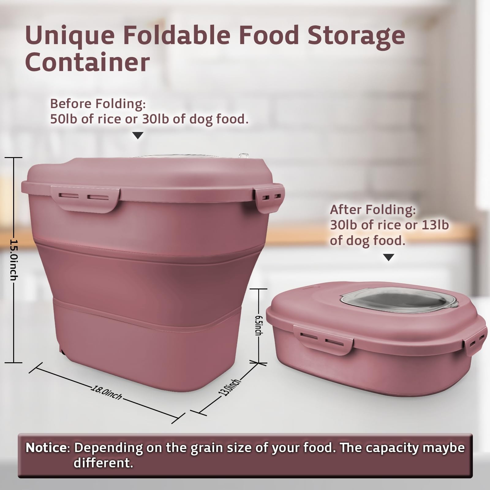 Komzon Rice Storage Bin Cereal Containers, 13-50lb Collapsible Large, Pink