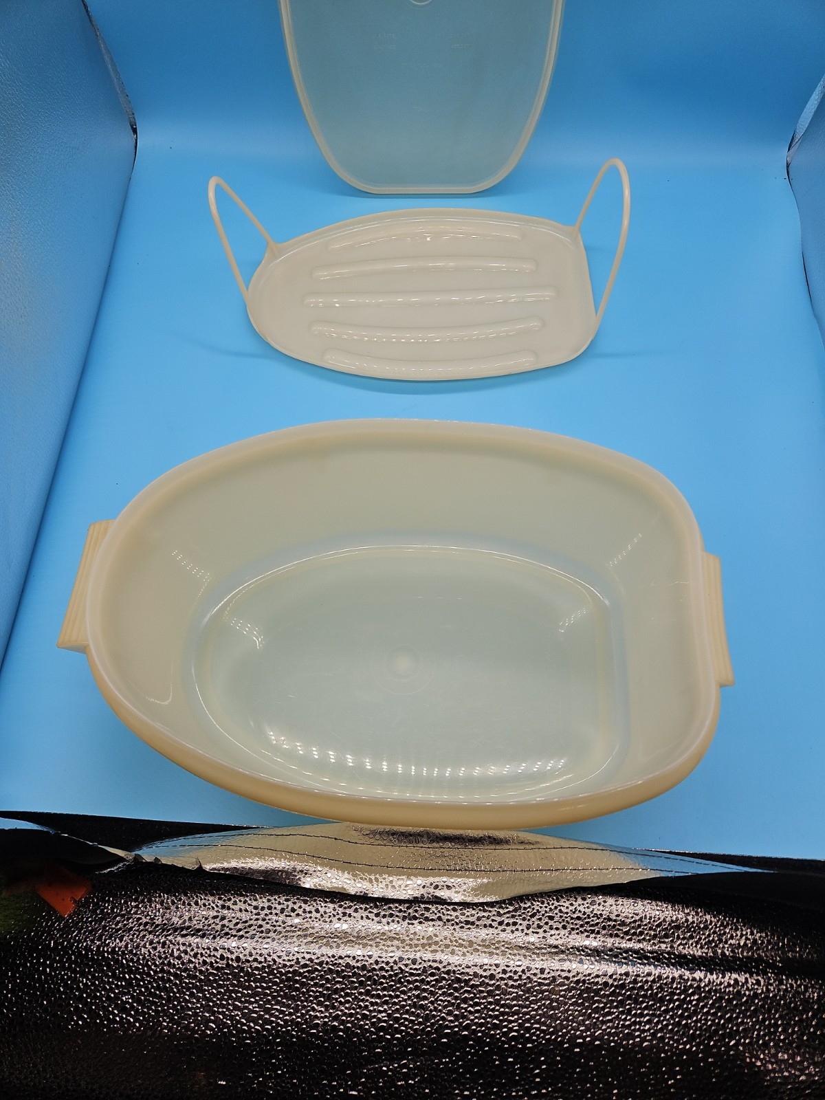 VTG 488 Tupperware Roast Flavor Saver Container Sheer White Oval with Lid & Rack