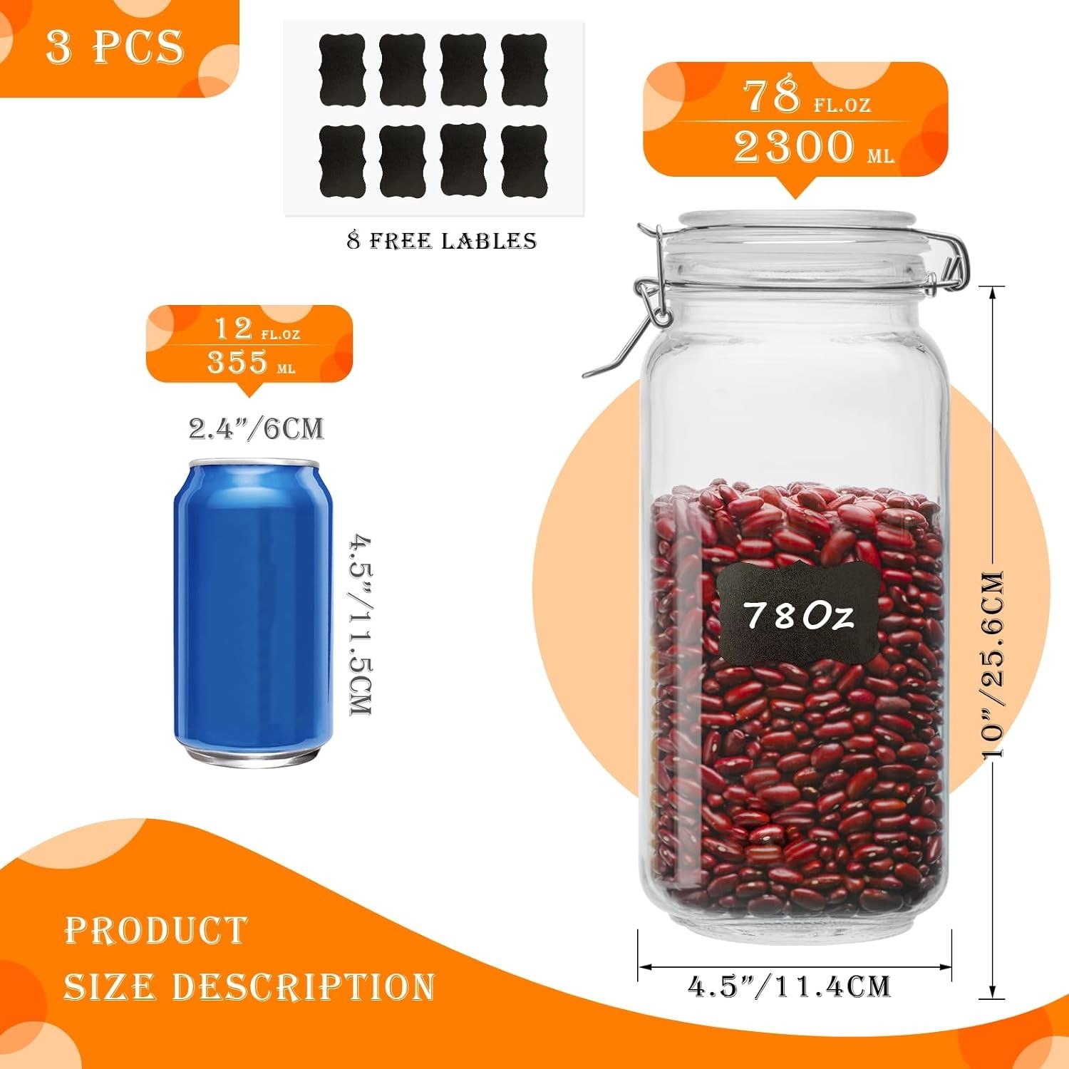 78oz Glass Food Storage Jars with Airtight Clamp Lids, 3 PCS Food Storage Can…