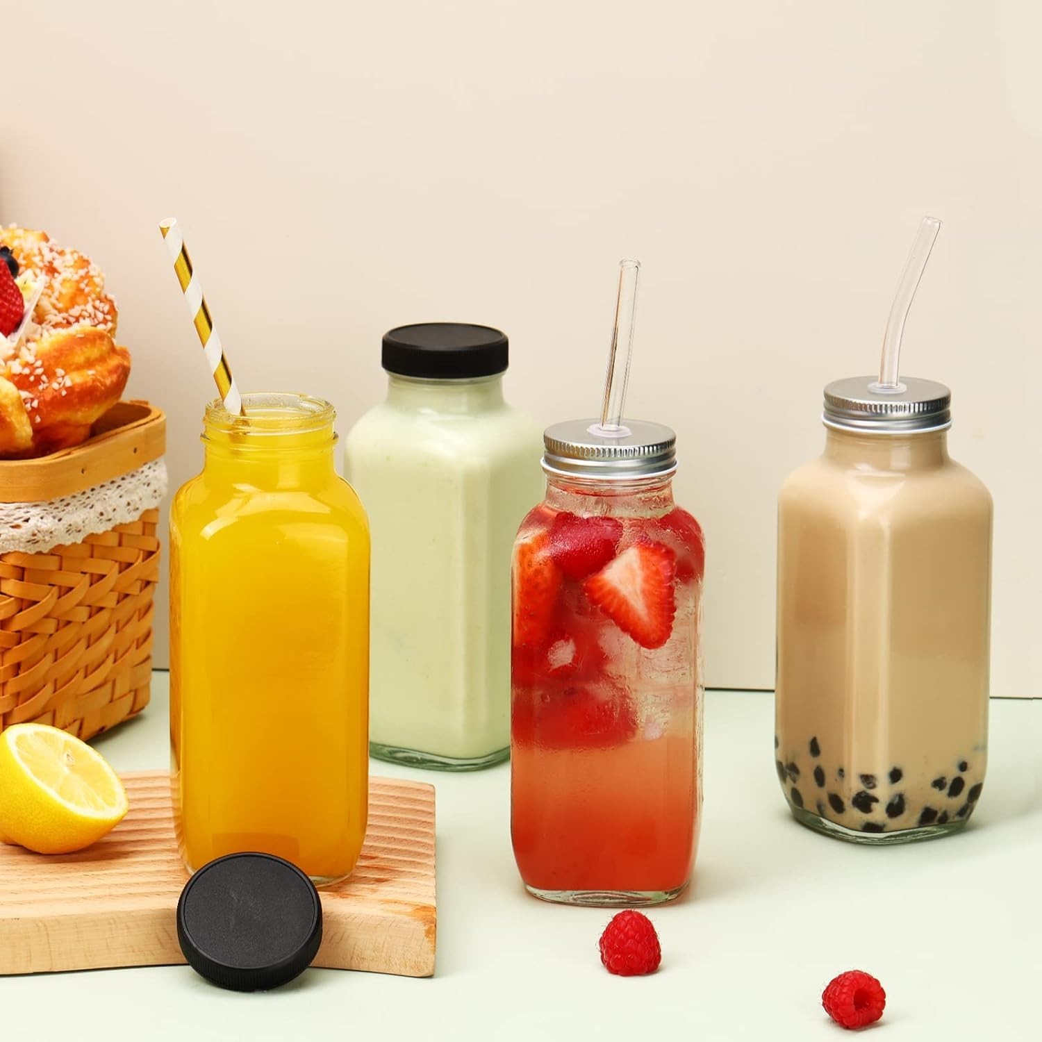10pcs 16oz Glass Juice Bottles with Lids, Reusable Juice Containers Drinking …