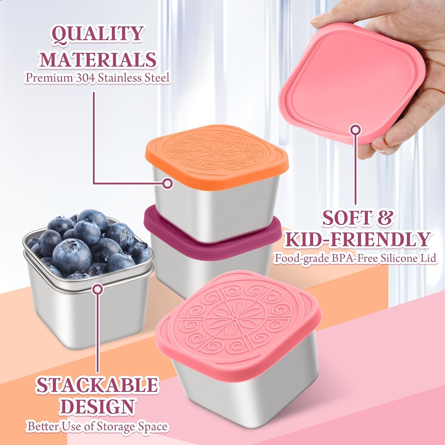 Stainless Steel Snack Containers for Kids,7.2Oz Easy Open Leak Proof Reusable Sn
