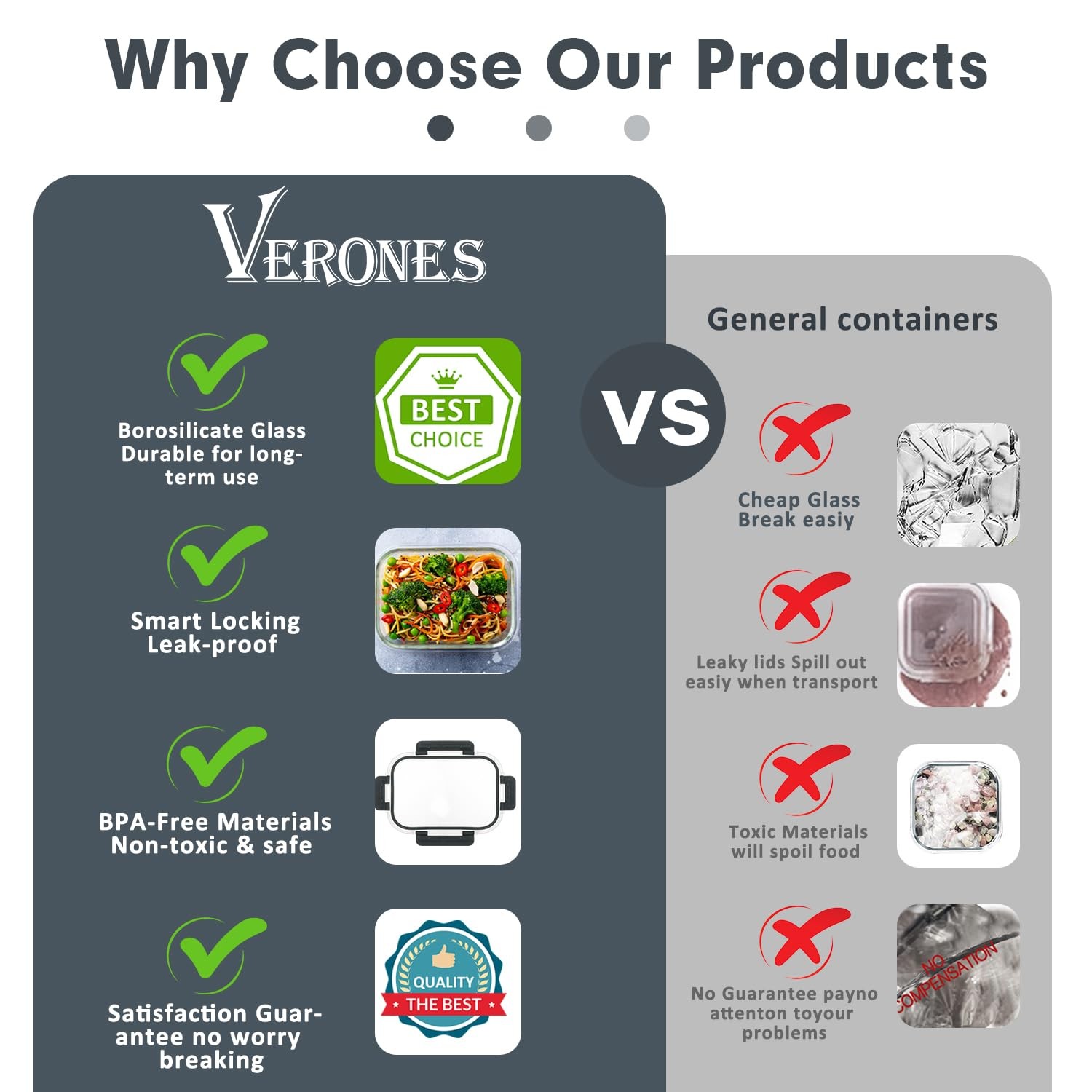 VERONES 30 Pieces Glass Meal Prep 16 inches (L) x 8 (H), Gray