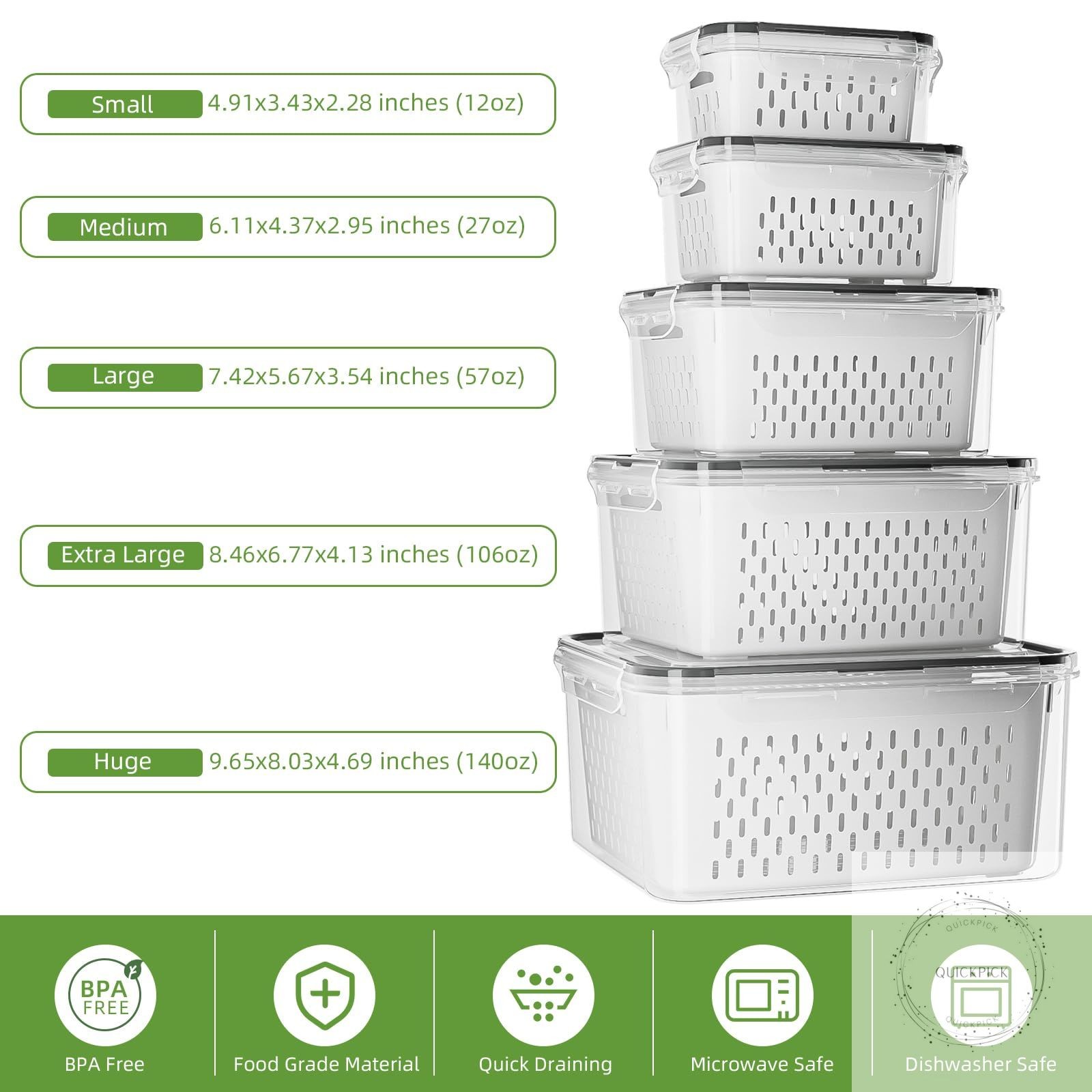 5 Pack Fruit Storage Containers for Fridge with Removable Colanders Food Storage
