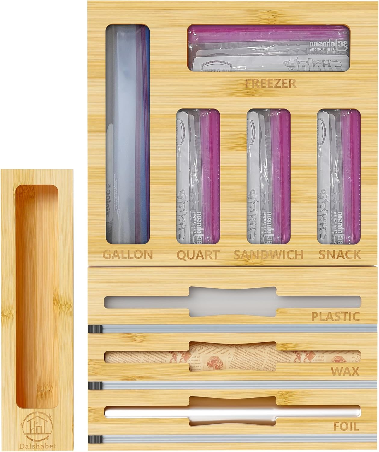 9 IN1 Bamboo Storage Bag Drawer Organizer with Cutter, Foil and Plastic Wrap Dis
