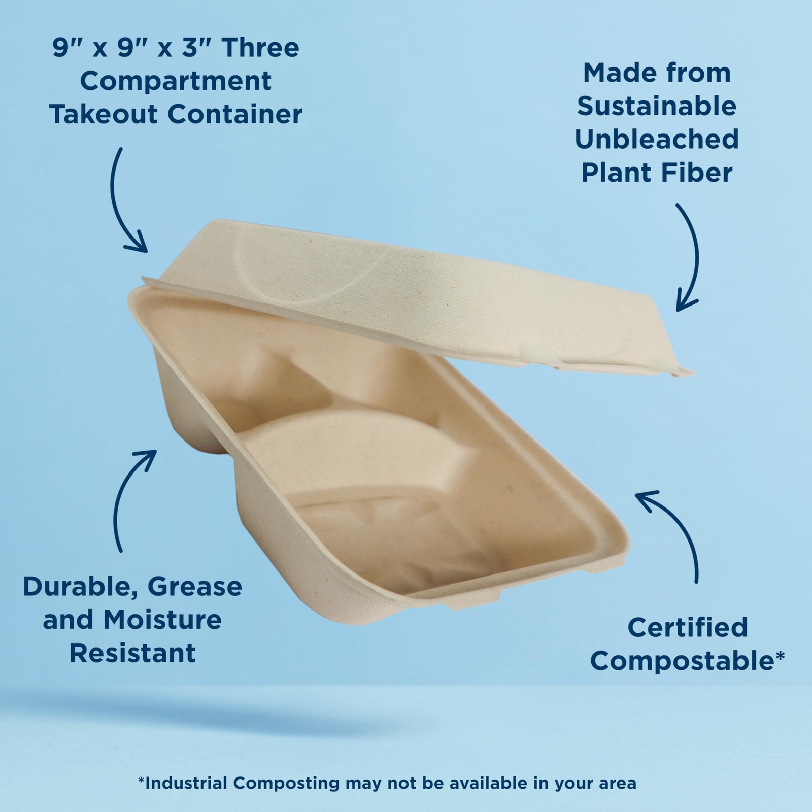 World Centric Compostable Clamshell Containers 9x9x3”, 3-Compartment – Grease a