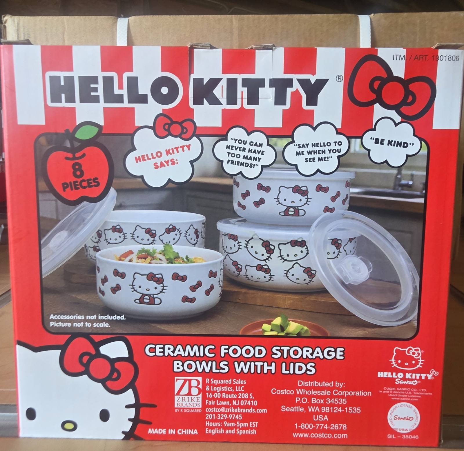 Hello Kitty Ceramic Bowl Set w/ Snap Lids 8pc White/Red/Clear Med/Lg