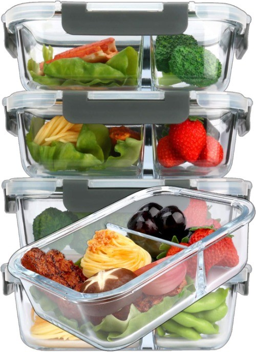 [36 ounces] Glass food preparation container, double compartment design