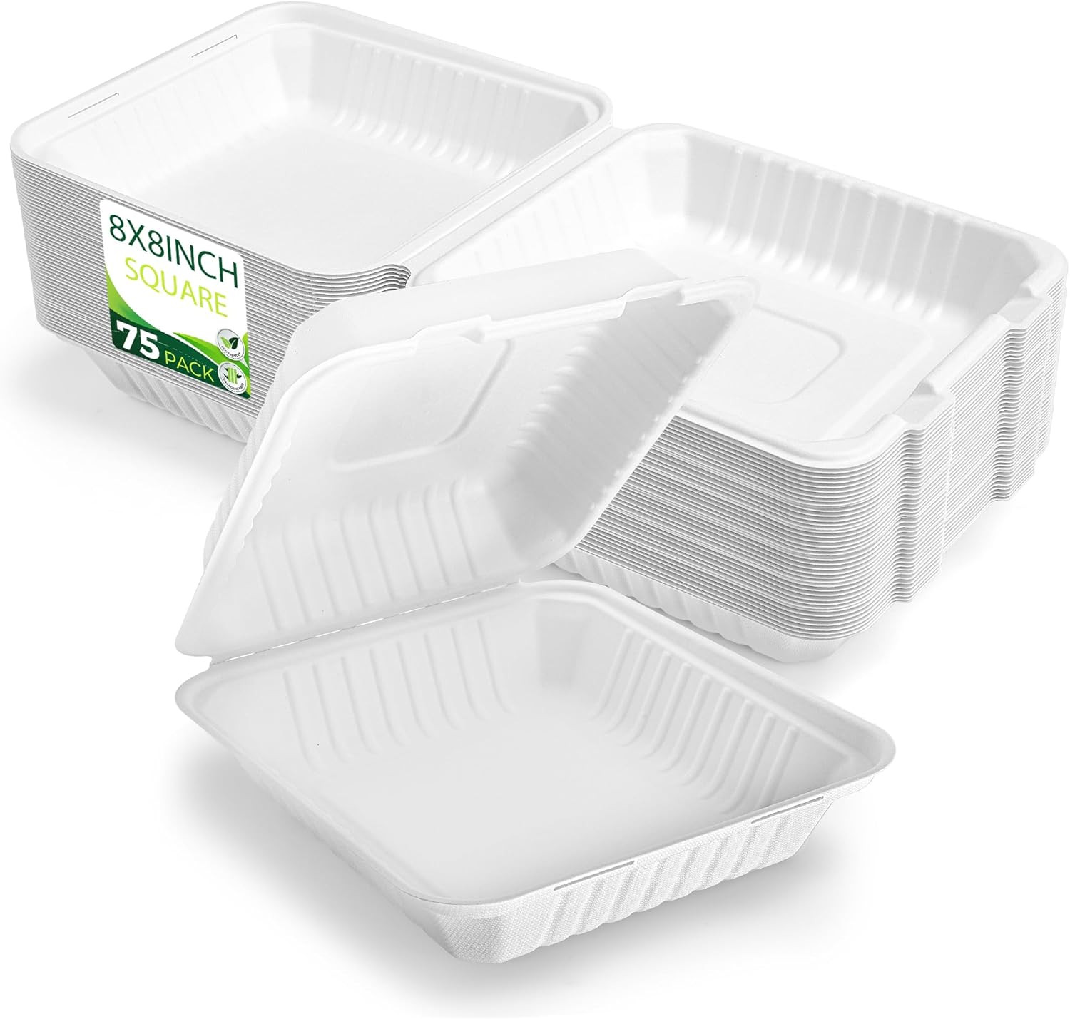 75 Pack 8”X8” Take Out Containers with Lids, EXTRA Sturdy to Go Food Containers,