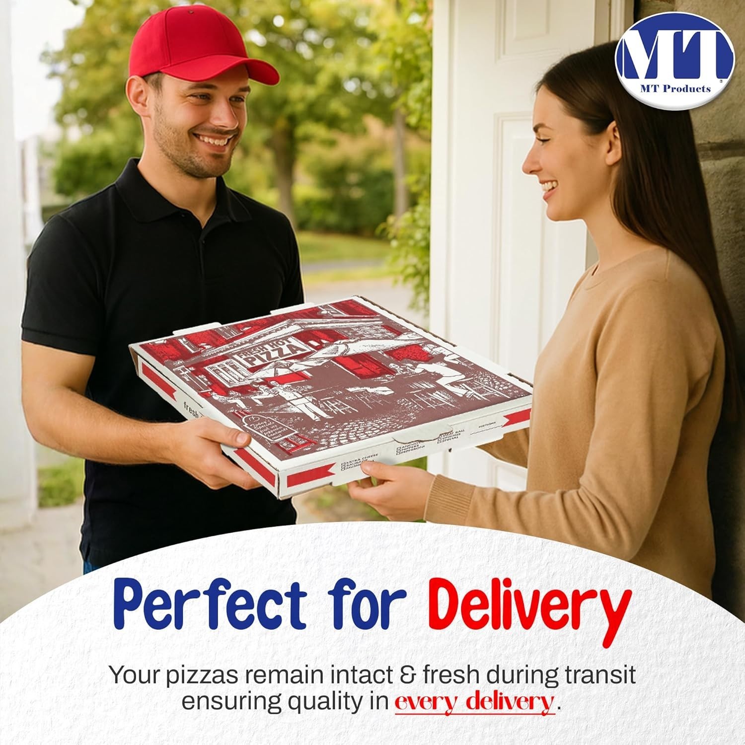 MT Products White and Red B-Flute Pizza Boxes 18″ x 18″ x 2″ – Pack of 50