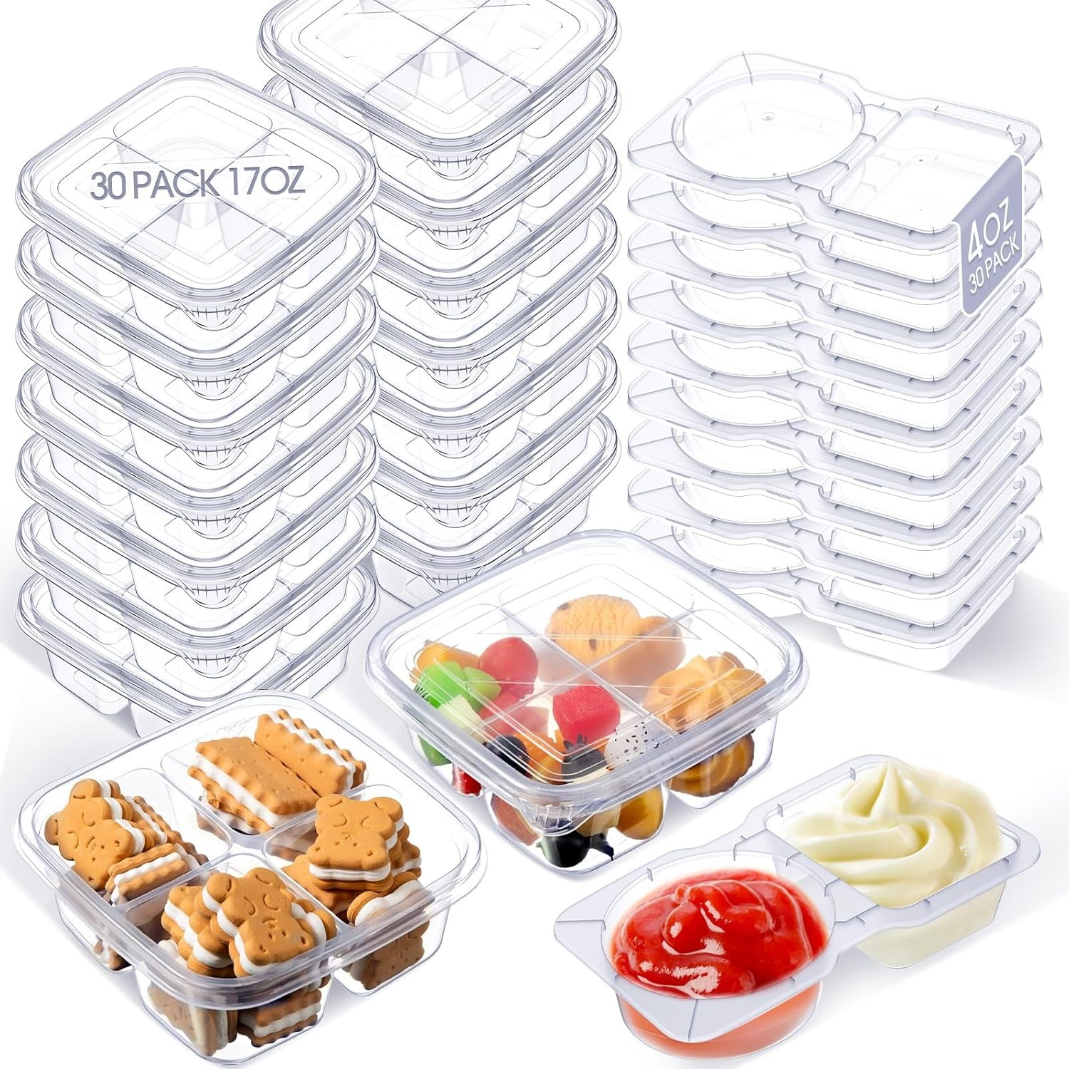 60 Pcs Snack Containers 4 Compartments Double 2 Compartments Snack Pack Containe