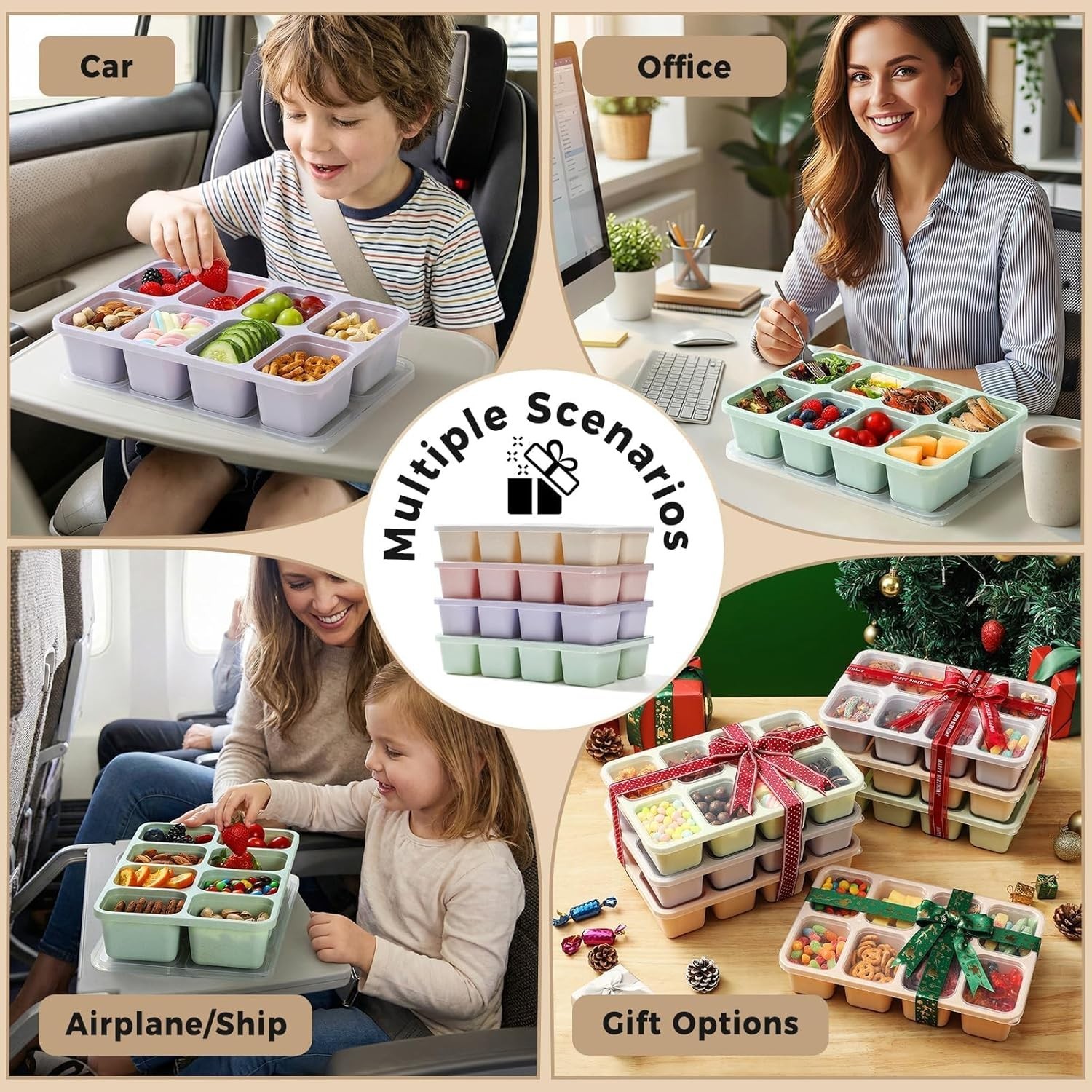 2 Pack Snackle Box Container with Lids, Dishwasher Safe 8 Compartment Divided
