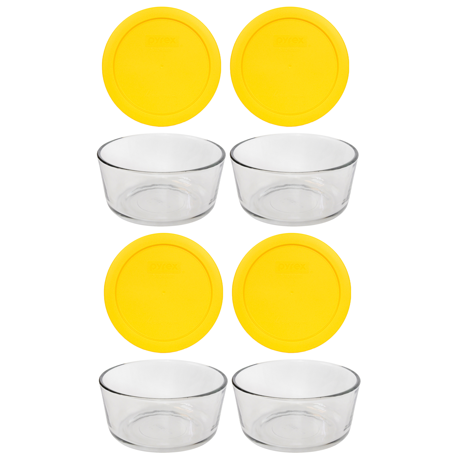 Pyrex (4) 7201 4-Cup Glass Bowls & (4) 7201-PC Meyer Lemon Yellow Lids