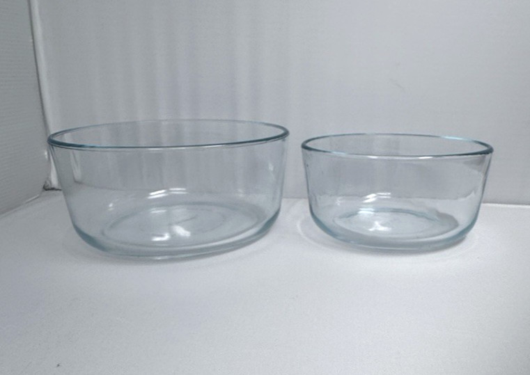 PYREX SIMPLY STORE 7201 4 CUP & 7203 7-CUP CLEAR GLASS ROUND FOOD STORAGE BOWLS