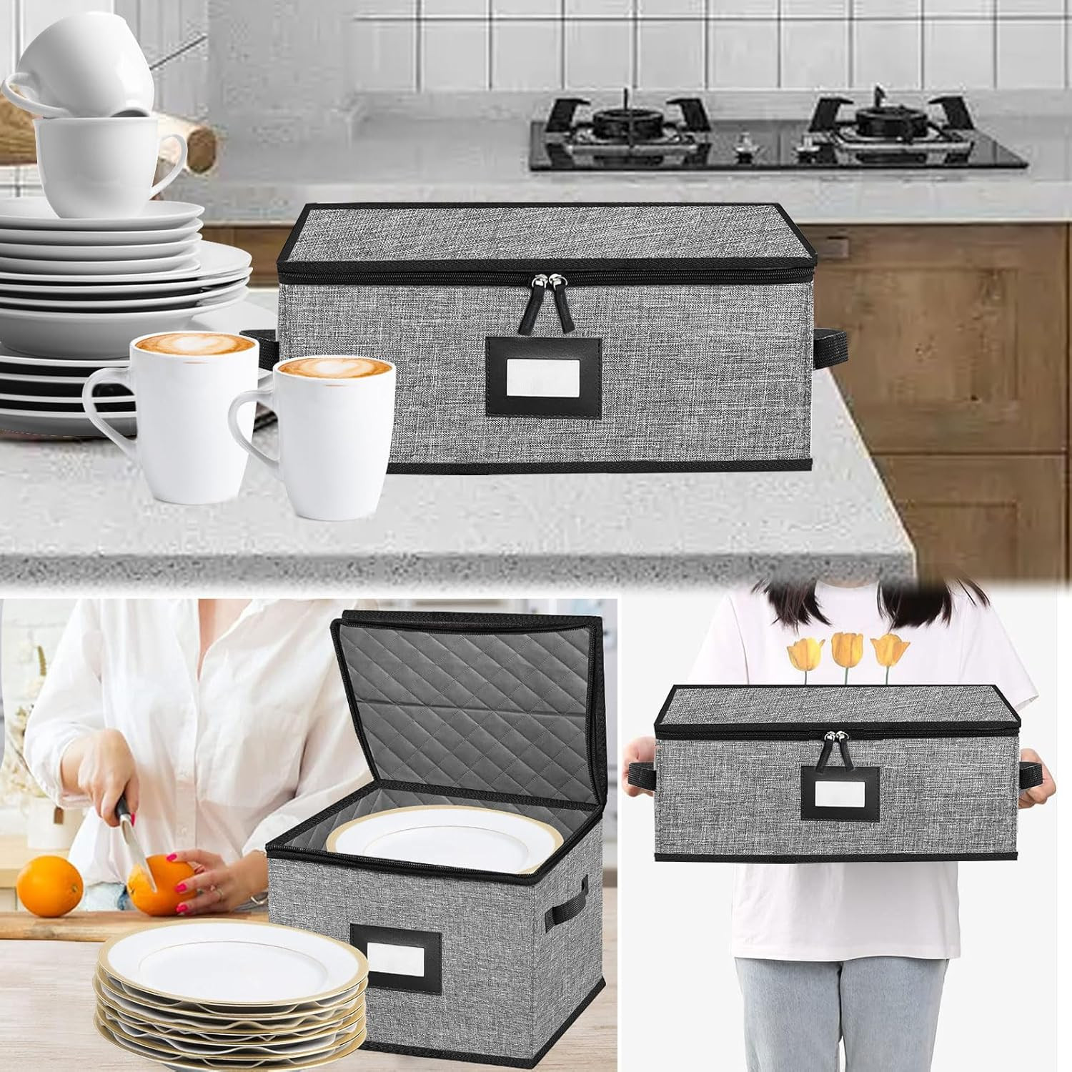 5-Pack Quilted Dish Storage Boxes for 48 Plates & 12 Cups – Grey