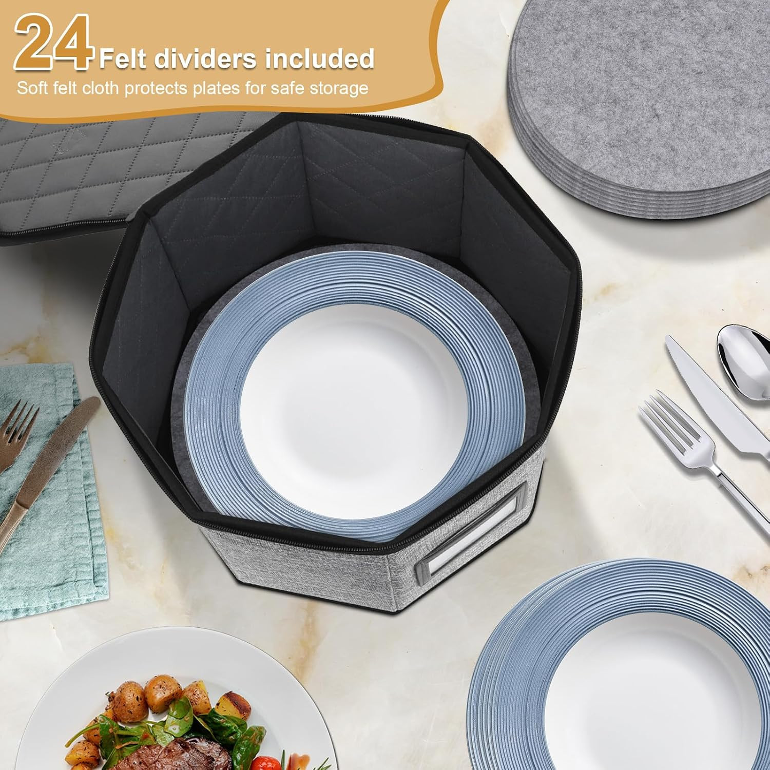 2 Pack Stackable Dish Storage Containers with 24 Felt Dividers and Handles