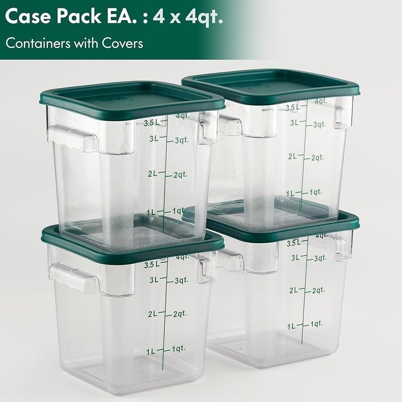 4 Pack Clear Food Storage Containers W/ Green Lids Stackable Polycarbonate New