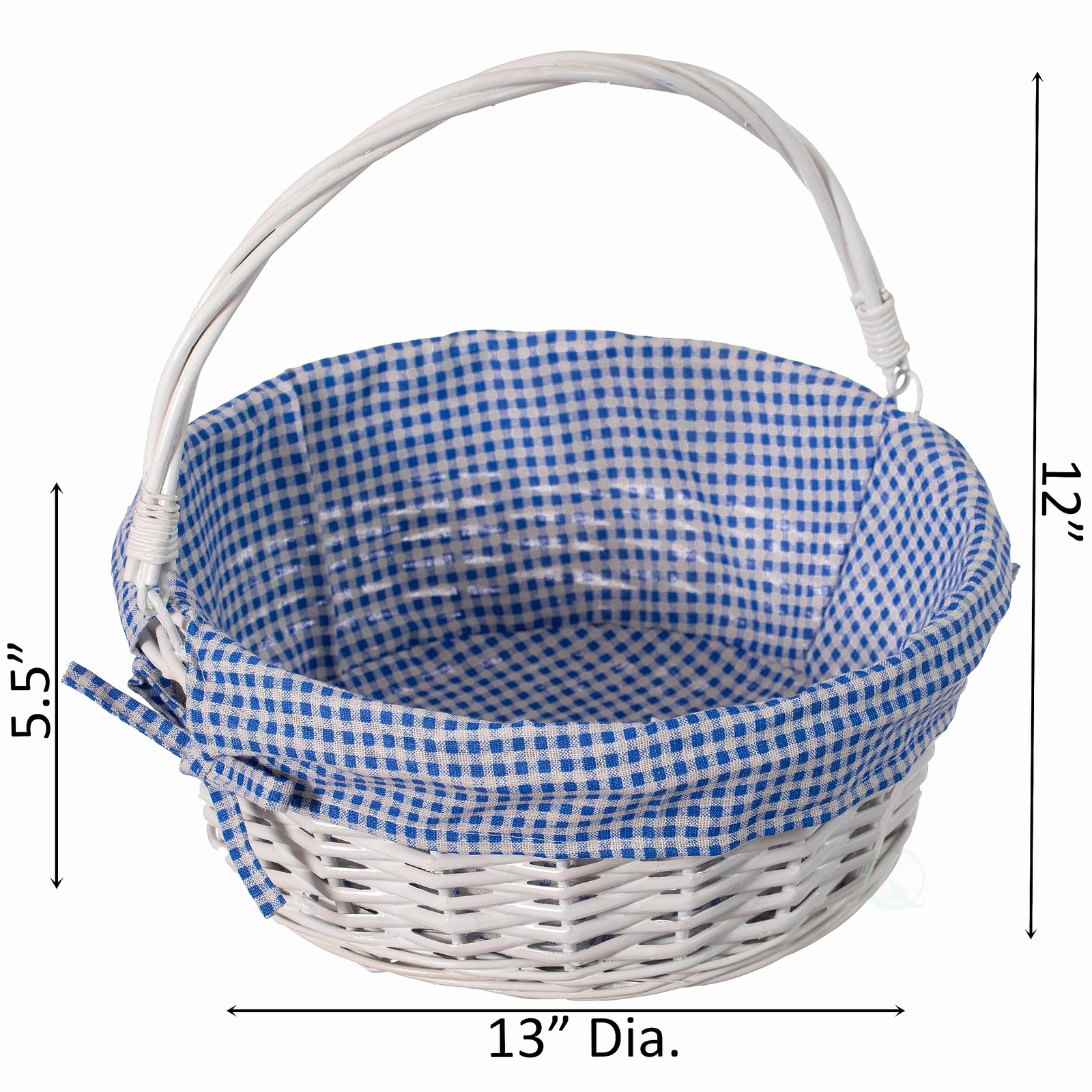 Traditional White Round Willow Gift Basket with Blue and White Gingham Liner …