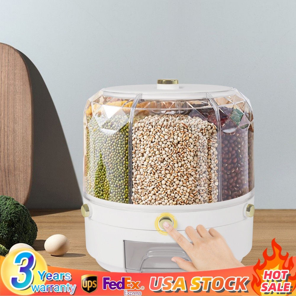 6-Grid Rotating Rice Dispenser Dry Grain Food Storage Container Tank for Kitchen