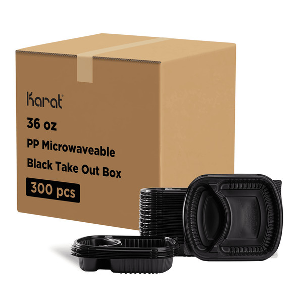 Karat 36oz PP Plastic Microwaveable Black Take Out Box, 2-compartments – 300 pcs