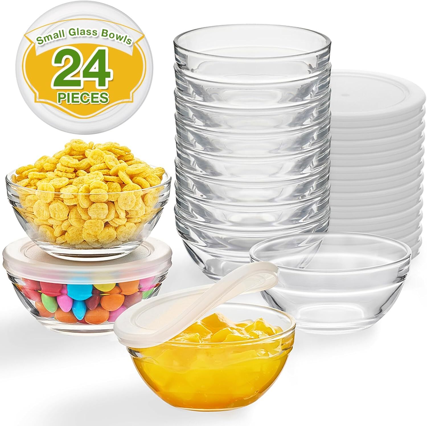 12 Pack 3.5 Inch Small Glass Bowls with 12 Pack Lids, 4 Oz Mini Glass Containers