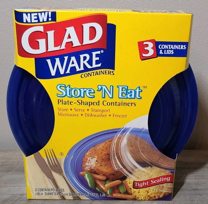 Vintage 2002 Glad Ware Containers Store N Eat 3 Plate Shaped Containers W/ Lids