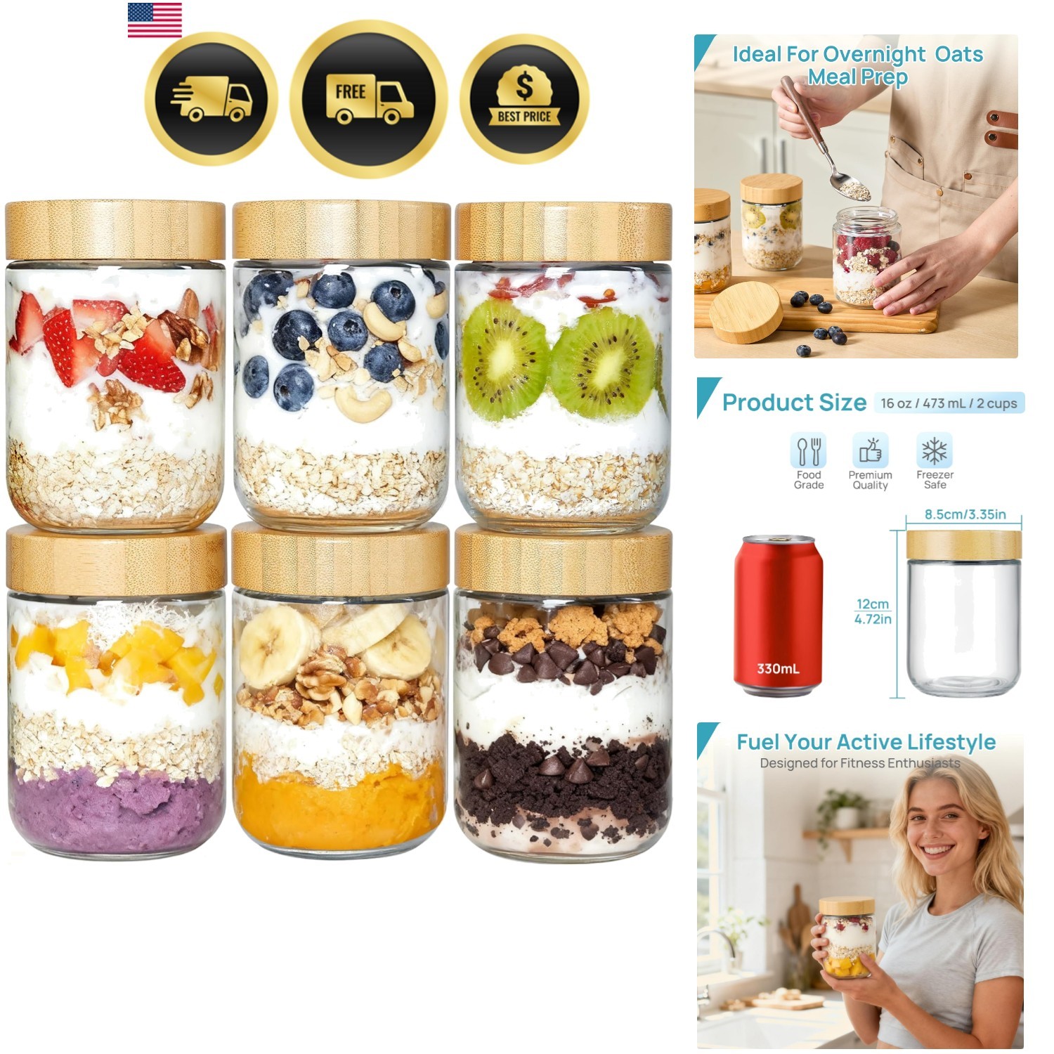 Portable Wide Mouth Glass Jars with Bamboo Lids – 6 Pack 16oz for All Your Needs