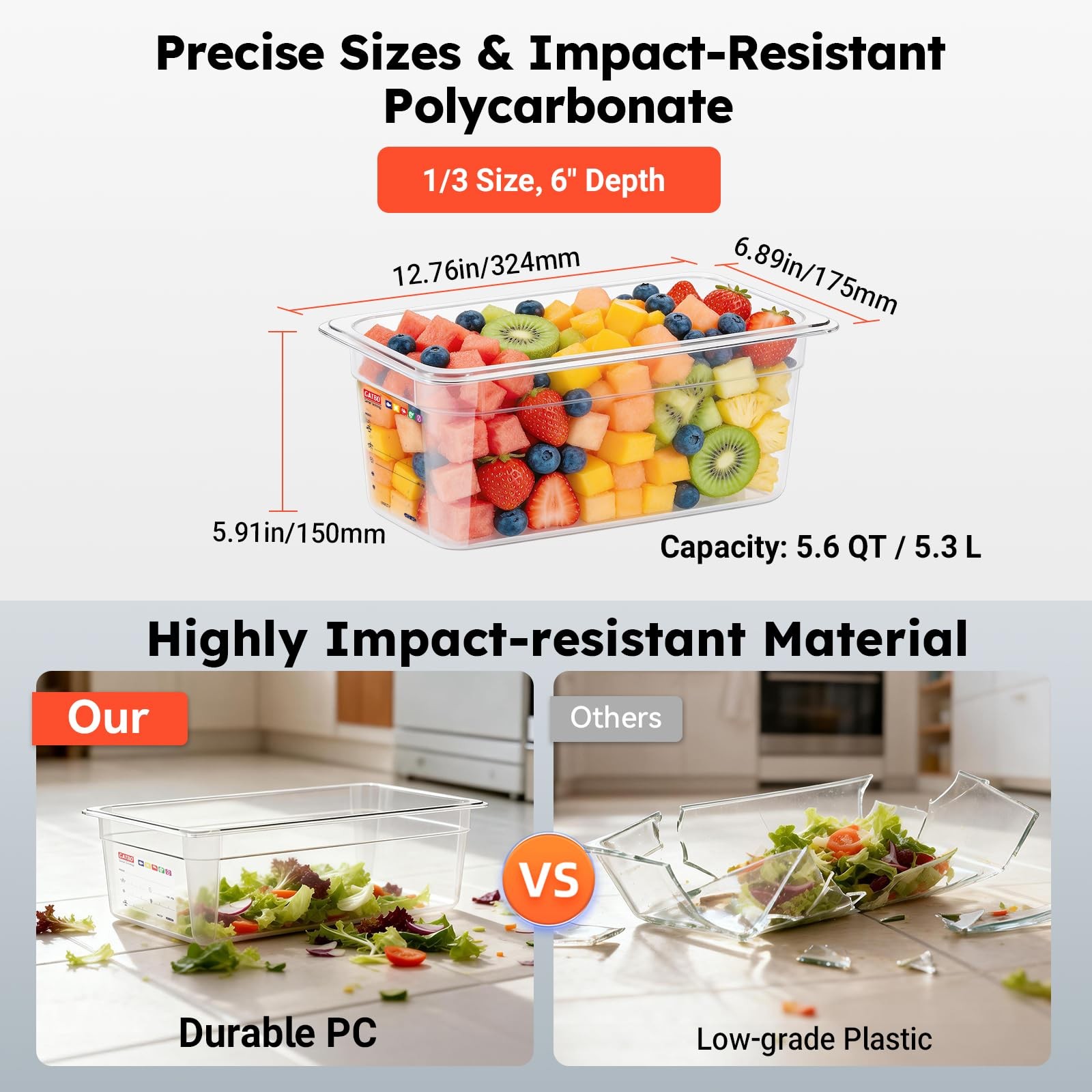 6-Pack 1/3 Size 6″ Deep Polycarbonate Food Pans, NSF Commercial Clear Food Pr…