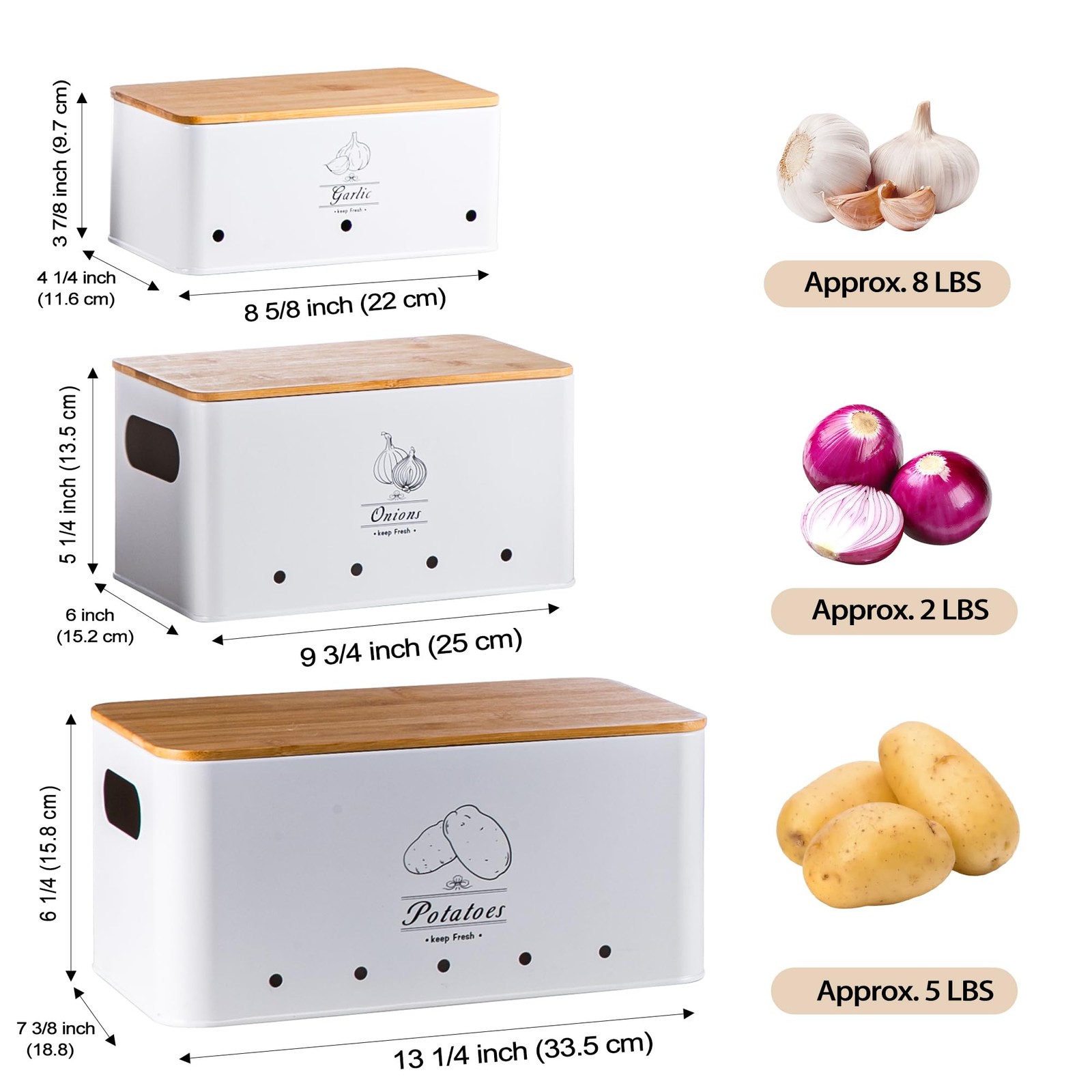 Tenforie Metal Potato Onion and Garlic Storage Tin Set of 3, White Kitchen Ve…