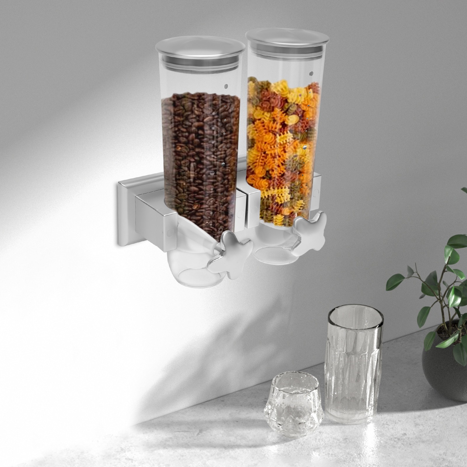 Wall Mount 2-Bucket Dry Food Dispenser Cereal, Pet Food, Grains, Rice 3L Silver