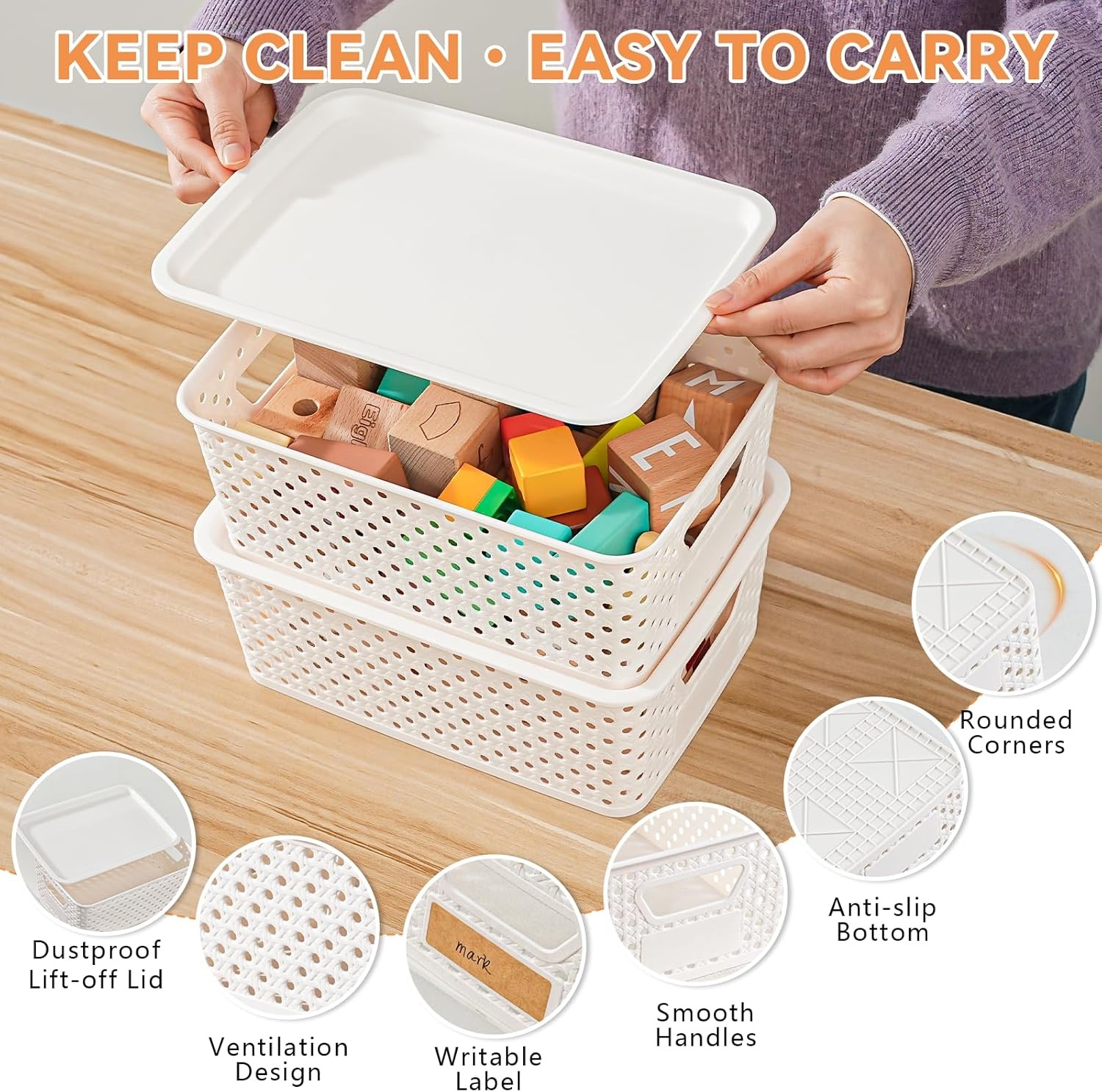 10 Pack Plastic Storage Bins with Lids, Stackable Plastic Storage Baskets for Or