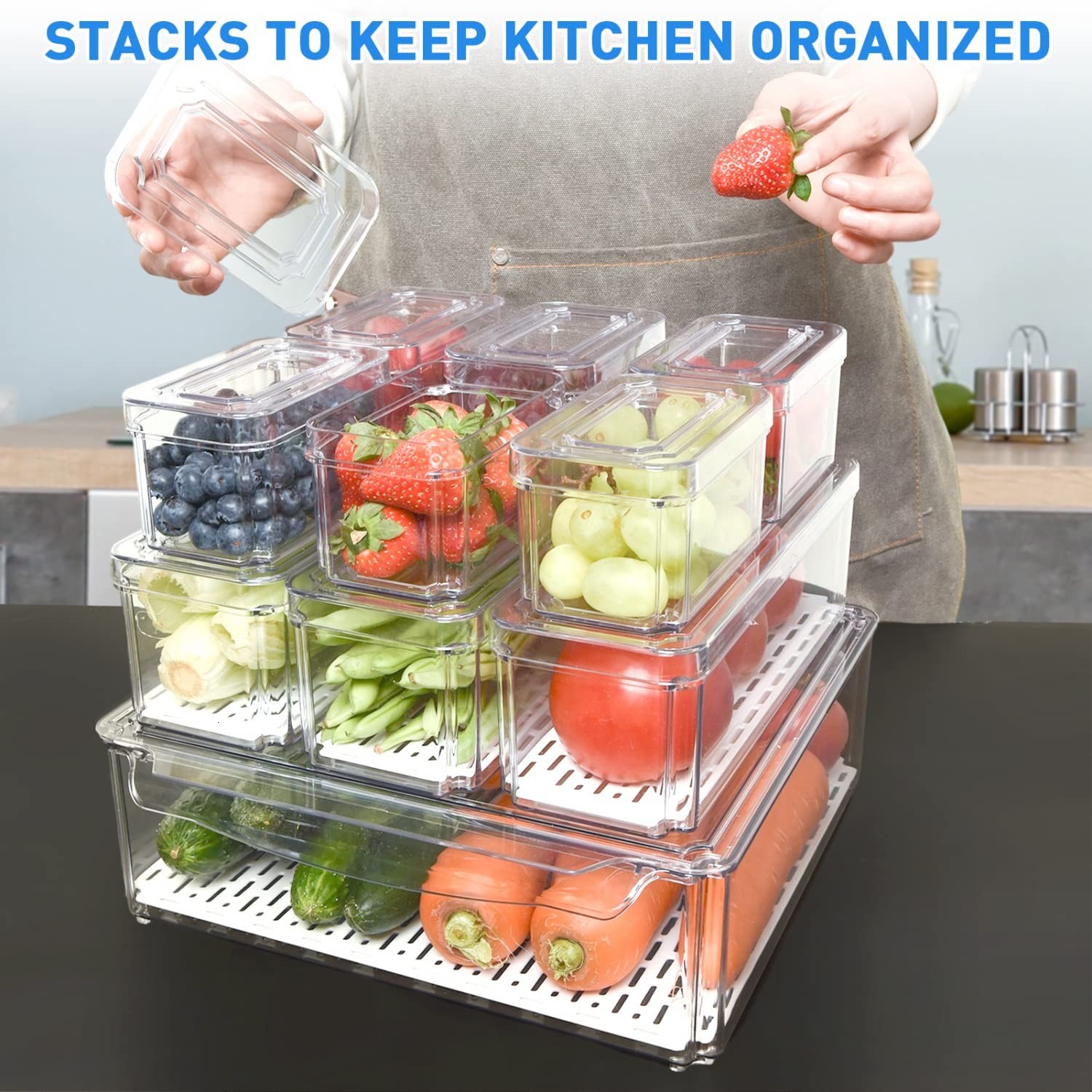 10 Pack Fridge Organizer, Stackable Refrigerator Organizer Bins with Lids