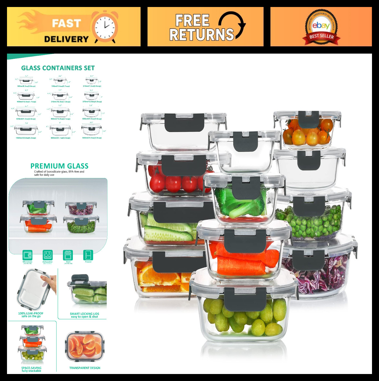 24-Piece BPA-Free Glass Food Storage Containers Set, Airtight Meal Prep & Oven S