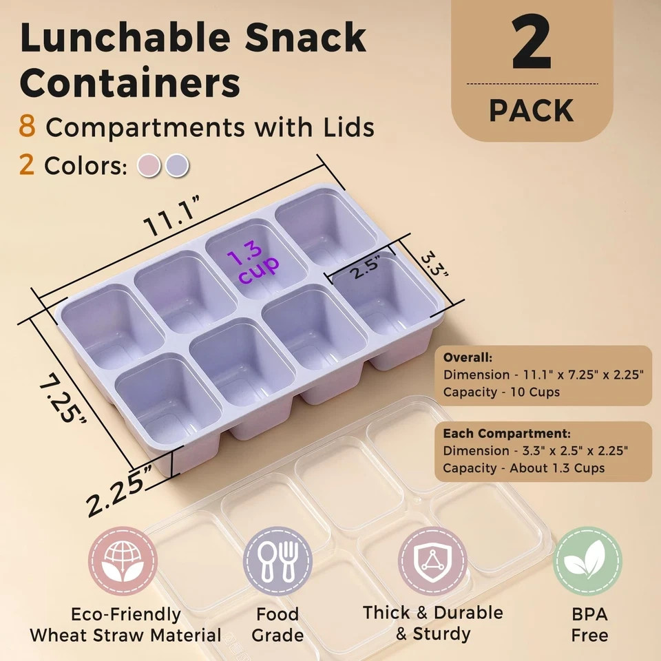 2 Pack Snackle Box Container with Lids, Dishwasher Safe 8 Compartment Divided Sn