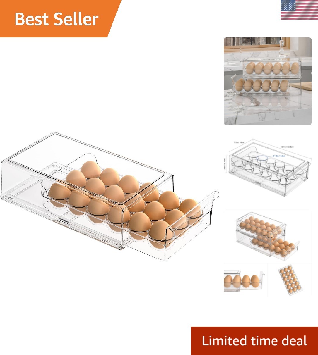 BPA Free Refrigerator Organizer Bins, Stackable Egg Holder, 18 Egg Tray