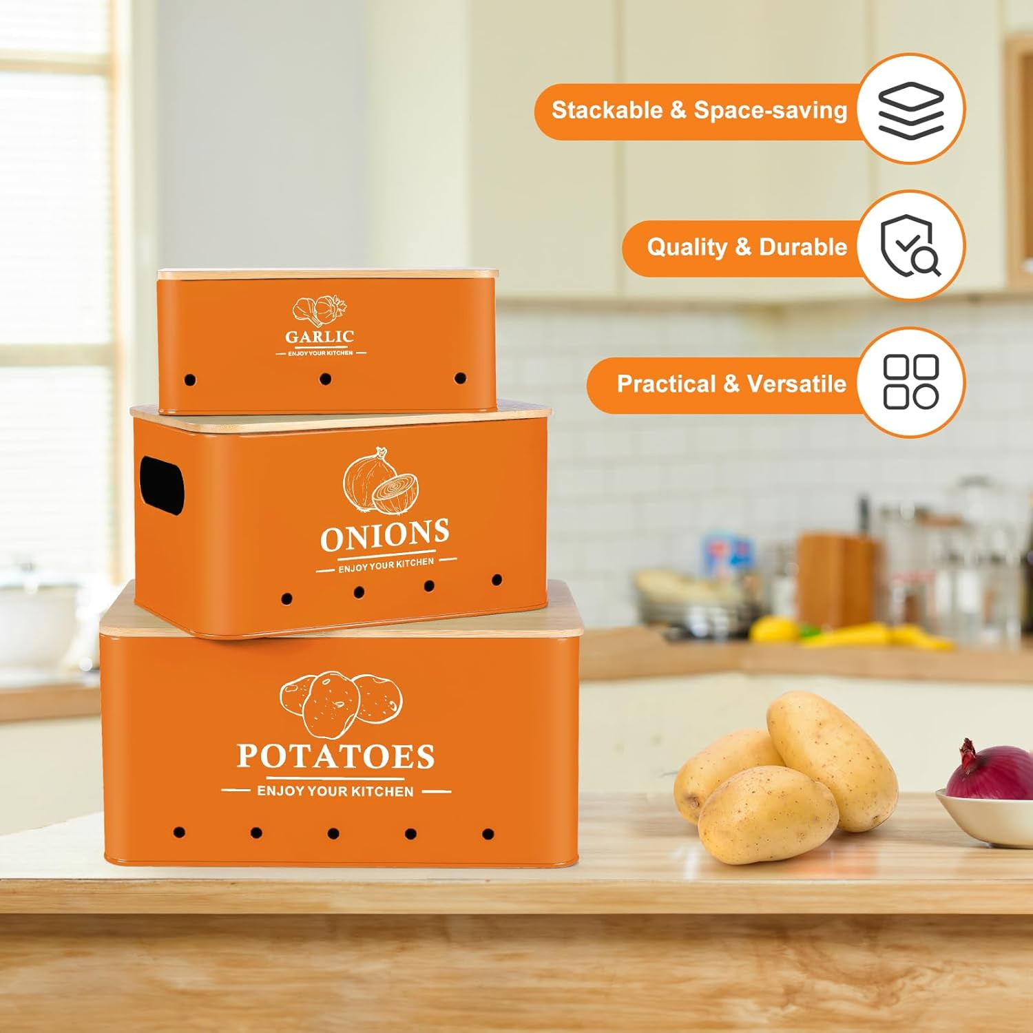 Kitchen Vegetable Storage Set of 3, Metal Onion Garlic Potato Storage Set, Kitch