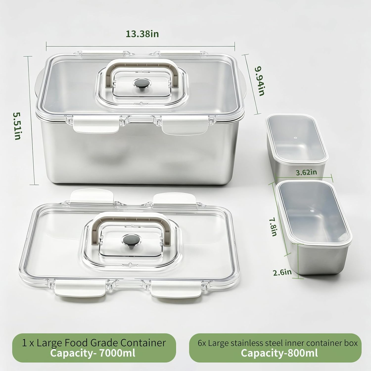 Extra Large 304 Stainless Steel Food Storage with 6 Divided Compartments & Indiv