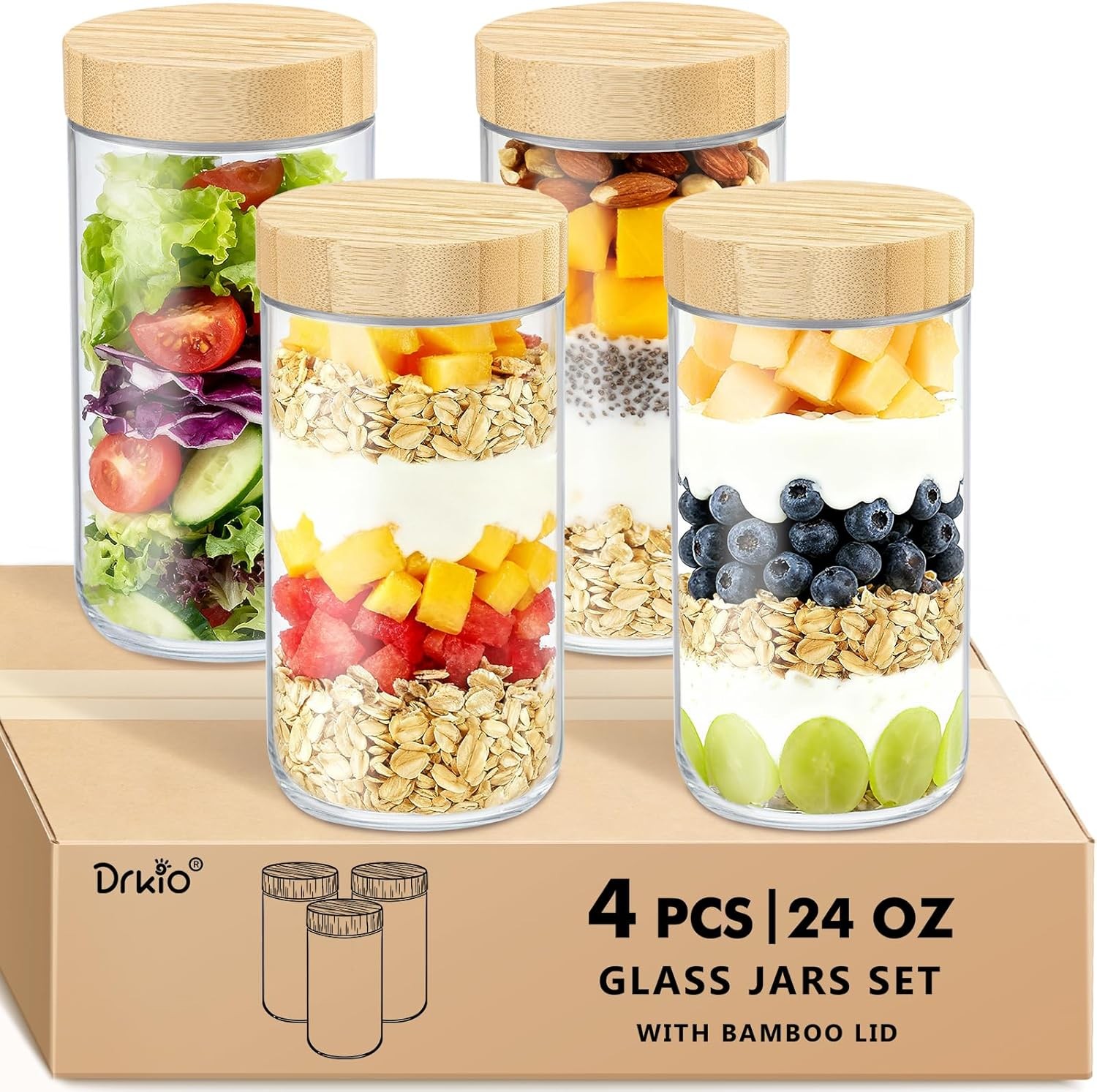 16 Oz Overnight Oats Containers W/ Bamboo Lids 4 Pack Glass Storage Jars W/