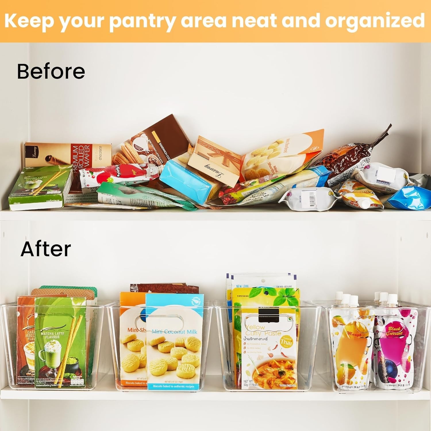6 Pack Clear Pantry Organizer Bins, Plastic Containers with Handle for Kitche…