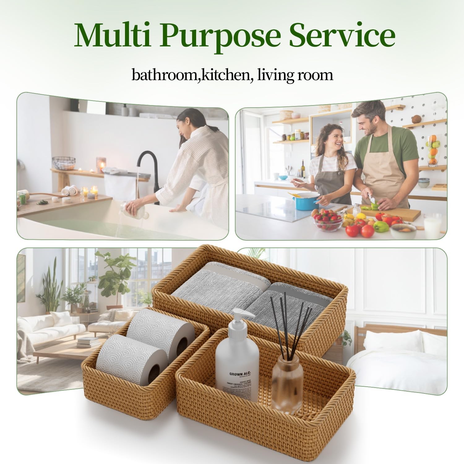 Rattan Storage Basket 3 Pack Hand Woven Rectangular Fruit Baskets For Serving Pi