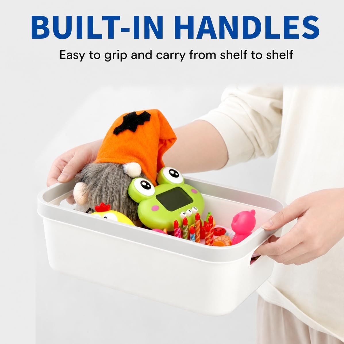 Set of 6 Plastic White Storage Bins with Handle 10″x 7″x 4″ Office Shelf Open
