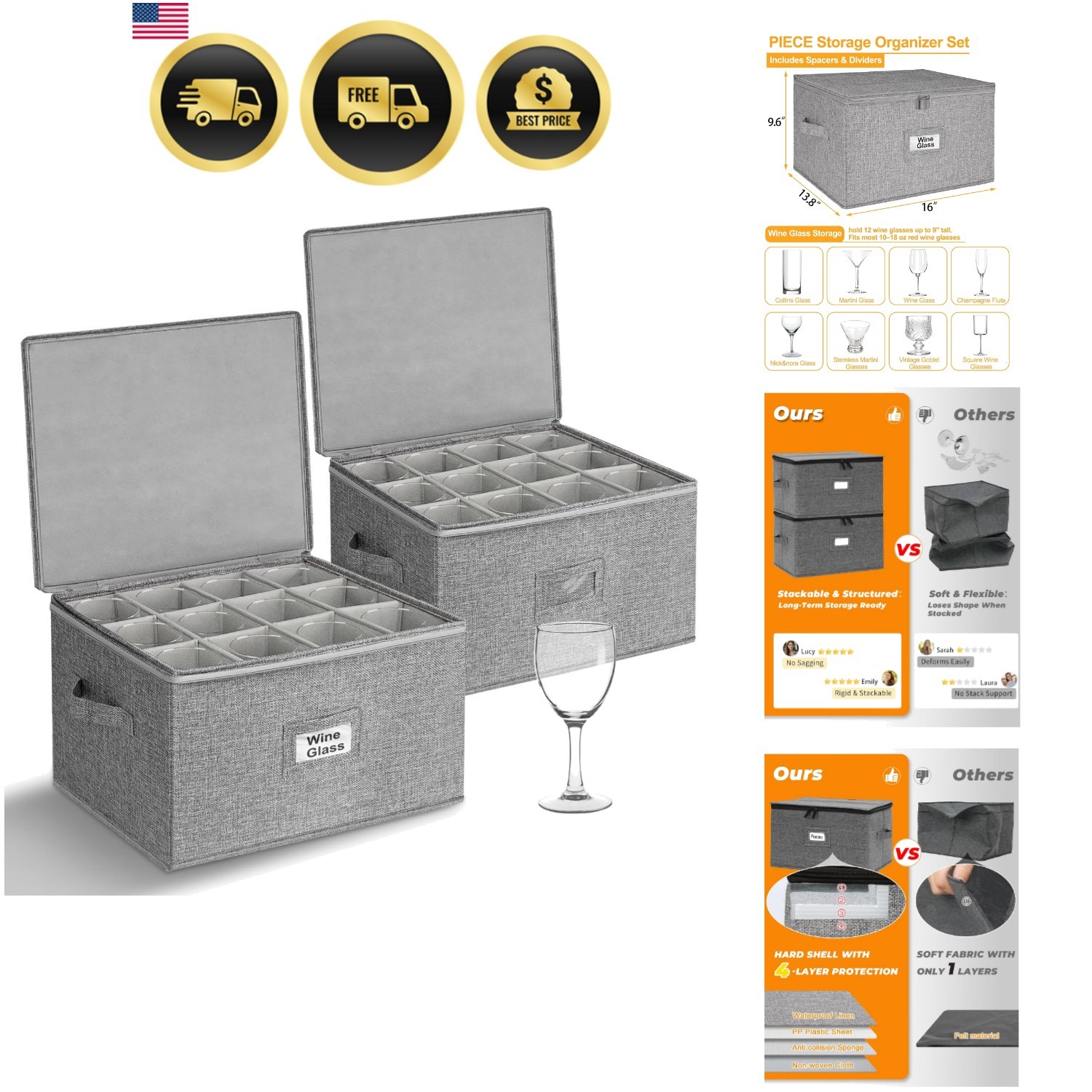 Wine Glass Storage Box, Glassware Storage Containers w/Hard Shell Side Bottom…