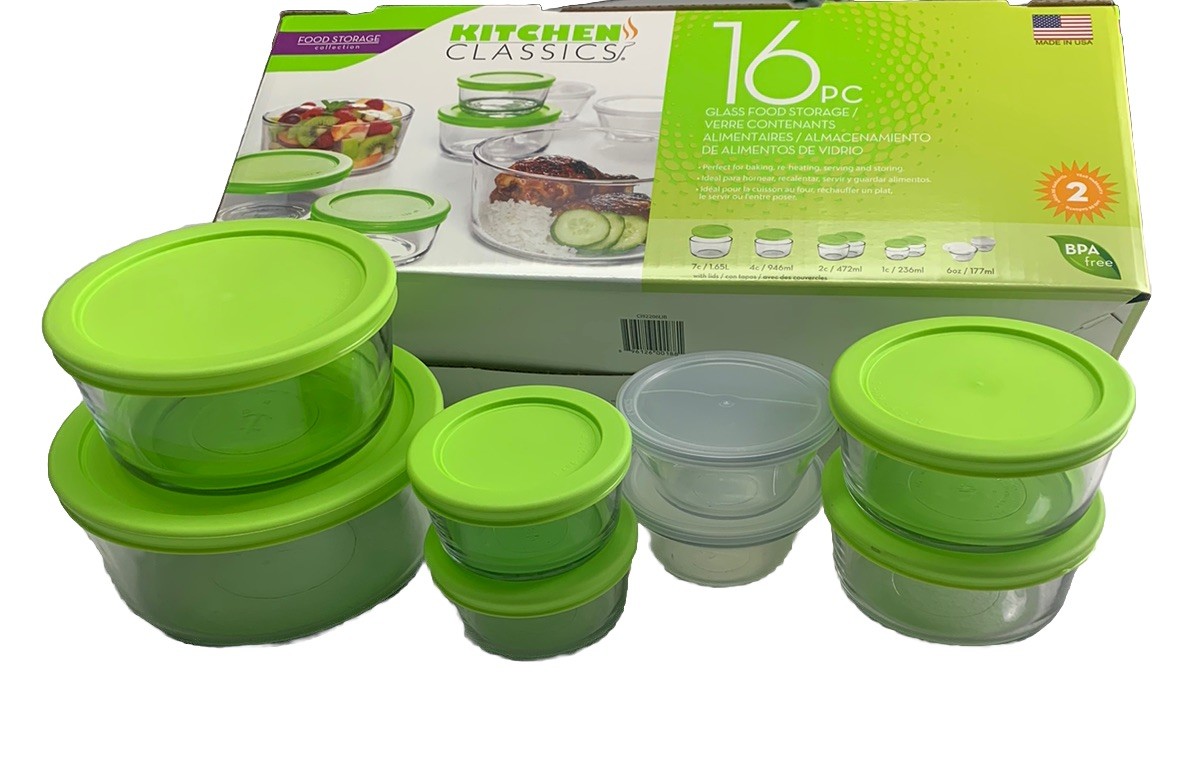 Kitchen Classics 16-Piece Glass Food Storage Bowls with Green Lids, NEW
