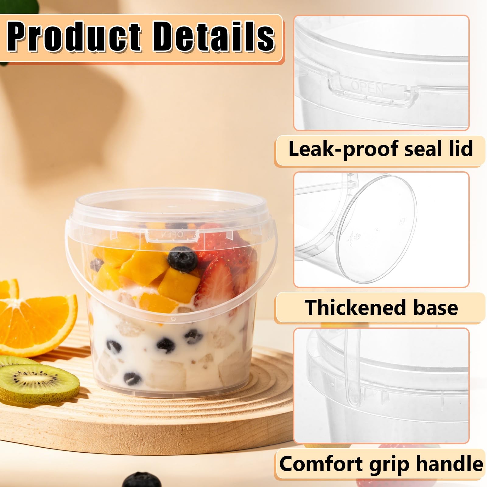 40PCS 24 Oz Plastic Ice Cream Containers 750ml Clear Buckets with Lids and Ha…