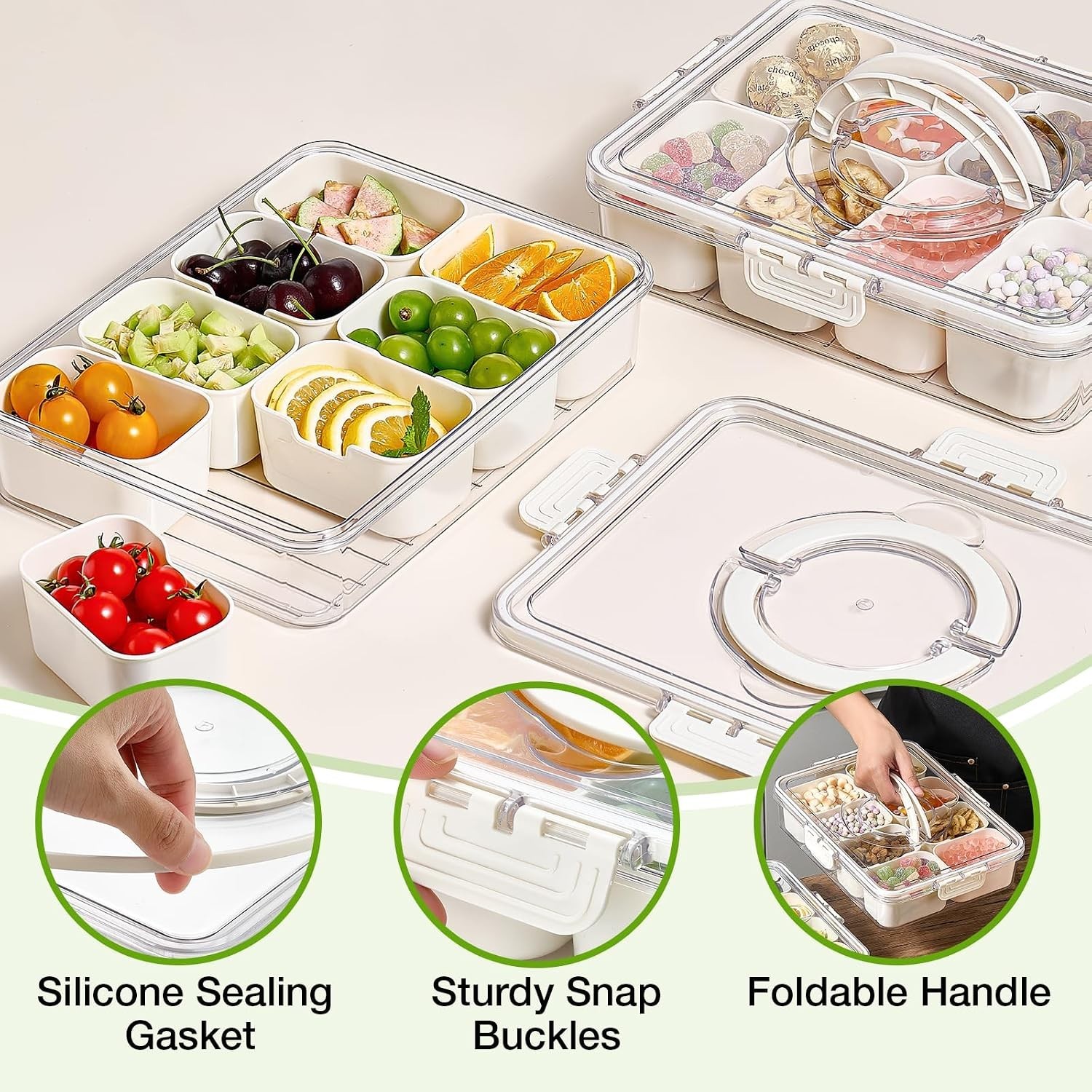 Snackle Box Container, 2 Pack Divided Serving Tray with Lid and Handle, Snack…